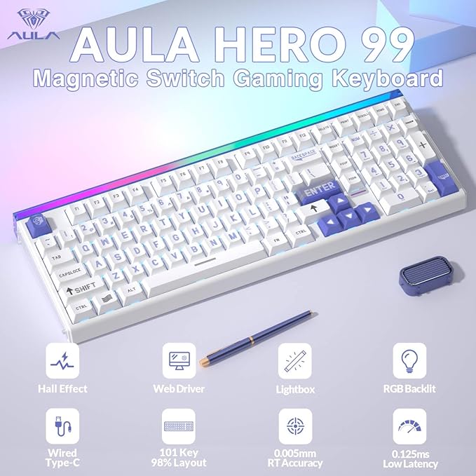 AULA Hero 99 Wired Gaming Keyboard, Hall Effect Keyboard with Rapid Trigger Mode, Hot Swappable Magnetic Switch Keyboard with Number Pad, Web Driver,RGB Backlit Mechanical Keyboard for Office PC Gamer