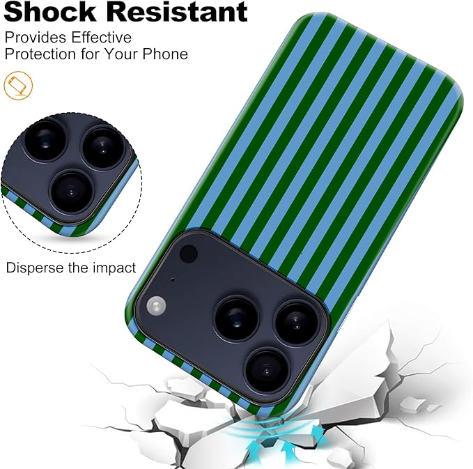 Magnetic for iPhone 17 Pro Max Case Cute Stripes Phone Case, Shockproof Slim TPU and Hard PC Protective Phone Cover Compatible with MagSafe Designed for Women Girls, Green and Blue