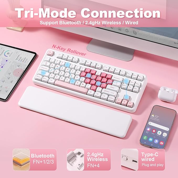YUNZII B87 Wireless Mechanical Keyboard,QMK/VIA Programmable,TKL Layout 87 Keys,BT/2.4G/USB-C,Hot Swap Gasket Mount RGB Backlit Gaming with Wrist Rest for Win/Mac (White Heart, Cocoa Cream V2)