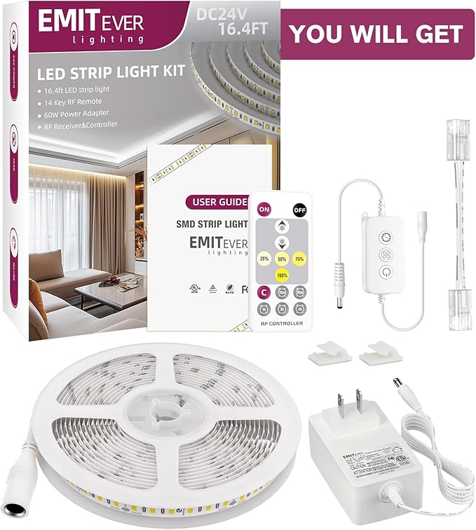 EMITEVER LED Strip Lights Kit White with Remote & 24V Power Supply,16.4ft Dimmable LED Tape Light 5000K, High Density 600LEDs, 240+LM/FT, CRI95+, Suitable for Bedroom Kitchen Under Cabinet Lighting