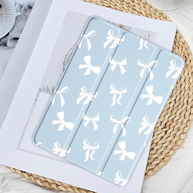 JOYLAND White Bow Pattern Case for iPad 7th/8th/9th Generation, Clear Transparent Acrylic Hard Back Blue Case with Pencil Holder Trifold Stand Tablet Cover for iPad 10.2" 2019/2020/2021