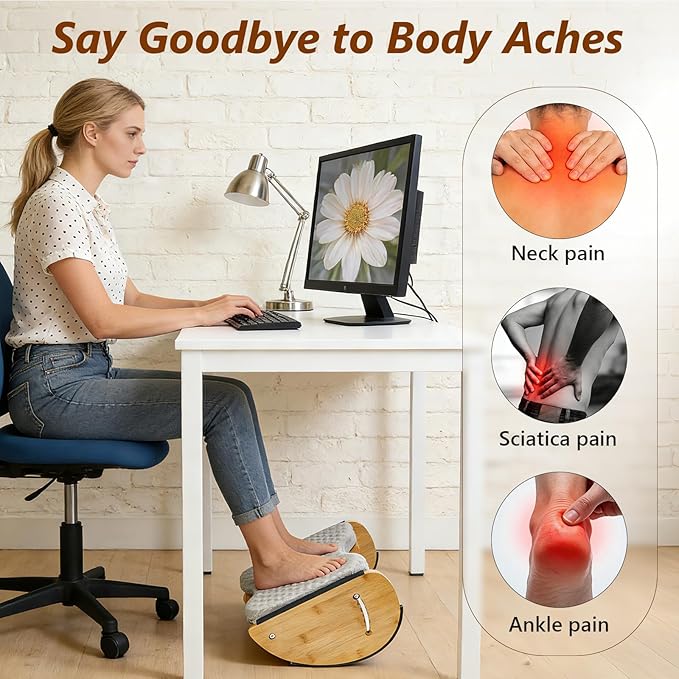 Foot Rest Under Desk, Under Desk Footrest, 4-in-1 Bamboo Desk Foot Rest with 6 Adjustable Heights & Massage Cushion, Foot Stool for Couch, Office Home, Gaming & Relieve Pressure on Legs, Waist & Back