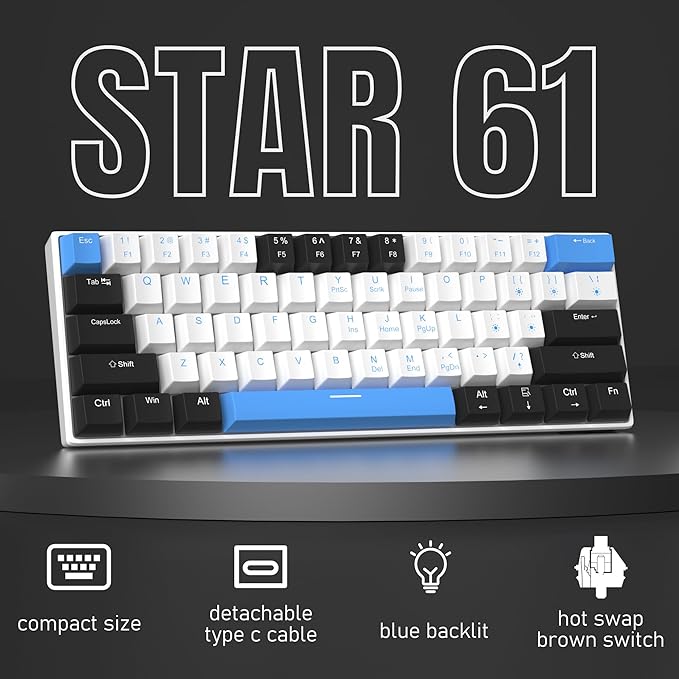 Camiysn 60% Mechanical Gaming Keyboard,Mixed Color Keycaps Gaming Keyboard with Brown Switches, Detachable Type-C Cable Mini Keyboard with Blue LED Light for PC/Laptop
