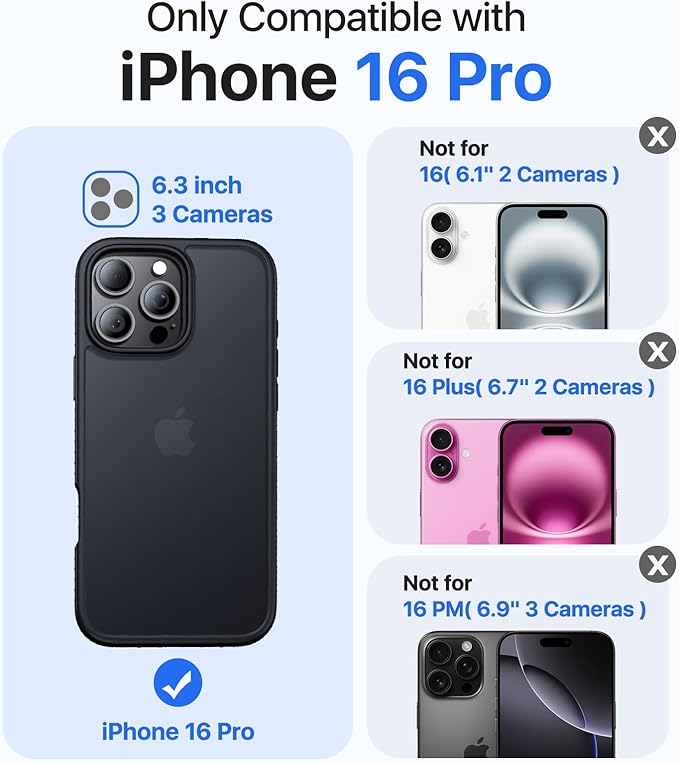 for iPhone 16 Pro Case, [Military-Grade Drop Protection][Anti-Yellowing] Shockproof Protective Translucent Matte Cover for iPhone 16 Pro Phone Case,Titanium Black