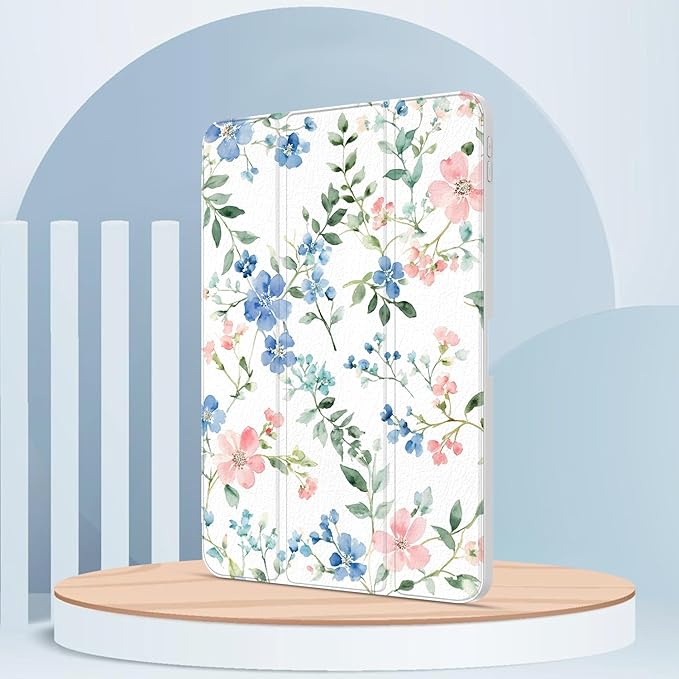 Case for iPad Pro 11-Inch M5/M4 2025/2024 (6th/5th Generation), Case with Pencil Holder, Clear Back Cover Cute Cool Design for Women Girls, Auto Sleep/Wake, Blue Pink Flower
