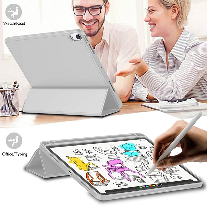 iMieet iPad Air 11 Inch Case M4/M3/M2(2026/2025/2024), iPad Air 5th/4th Generation Case 2022/2020 10.9 Inch with Pencil Holder,Trifold Stand Smart Case with Soft TPU Back(Light Gray)