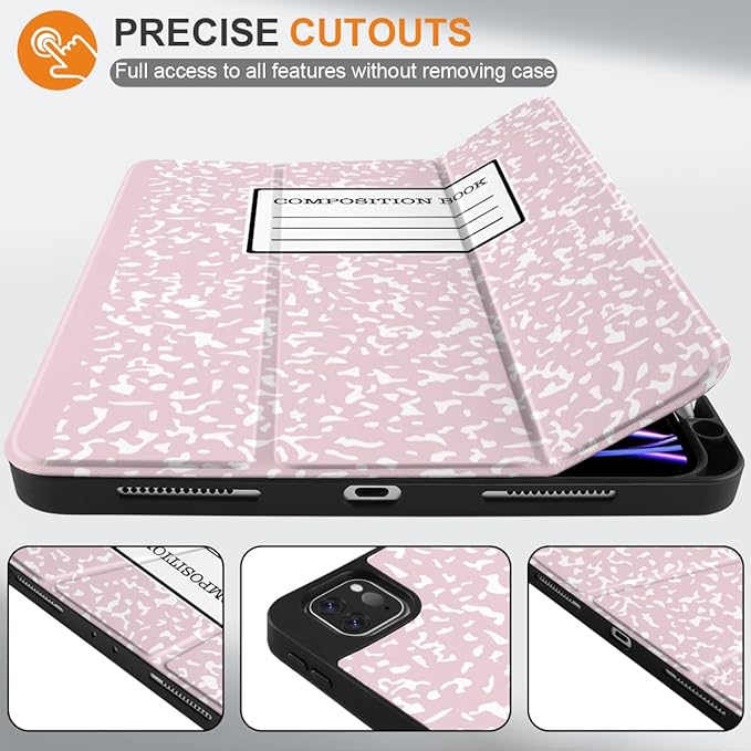 MEEgoodo for iPad Pro 12.9 Case M2 6th/5th/4th/3rd Generation 2022 2021 2020 2018 with Pencil Holder, Tablet Cover with Soft TPU Back Shell, Pink Composition Book