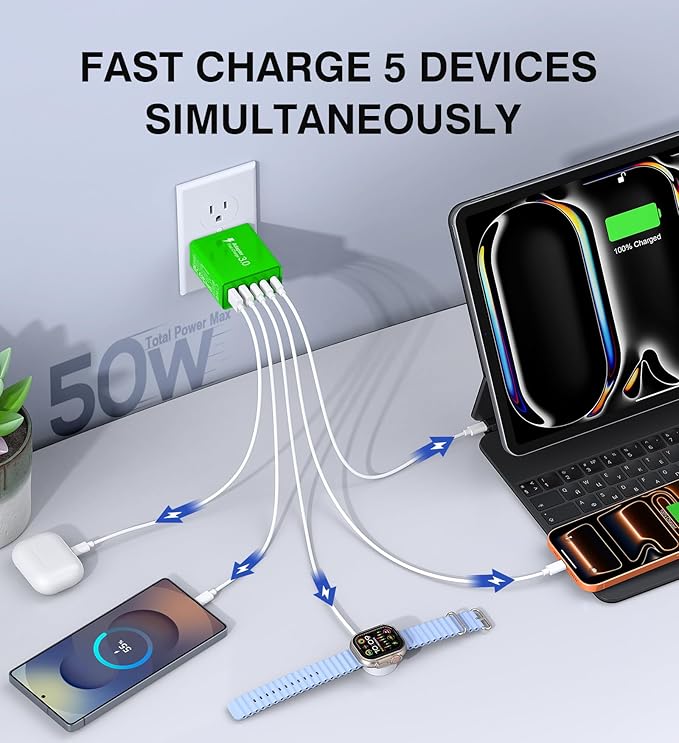 2 Pack 50W USB C Fast Charger Block,5-Port Type C Wall Charger Brick,2 USB A & 3 USB C PD3.0 Power Adapter Multiport Charging Plug Box for iPhone 13/14/15/16/17,Pad Mini/Pro, Cellphones(Green)