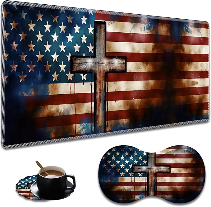 Extended Non-Slip Mouse Pad + Mouse Wrist Rest + Lace-Shaped Coaster Set, Ergonomic Design, Suitable for Desk and Home Gaming Table Mat, American Flag Cross
