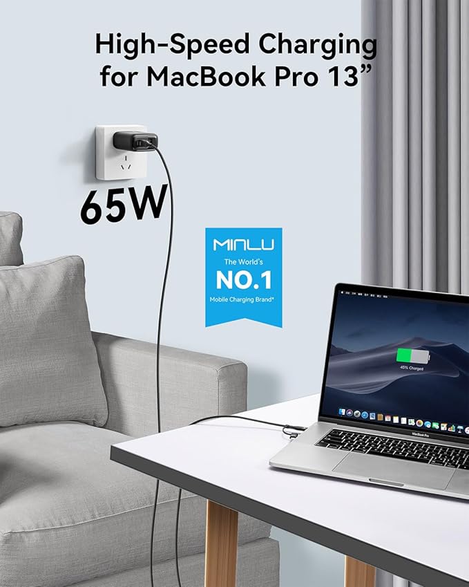 MINLU 65W USB C Charger Block,GaN 3-Port Compact Fast PPS Type C Wall Charger with 6Ft 100W 2 in 1 USB-C/L Cable,Fast Charging for MacBook Pro/Air,iPad,iPhone 17/16/15 and More Series,Galaxy S24 UItra