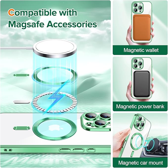 Hython Magnetic Clear for iPhone 16 Pro Max Case with Camera Lens Protector [Compatible with MagSafe] Plating Edge Slim Soft TPU Cover Protective Phone Case for iPhone 16 Pro Max 6.9", Light Green