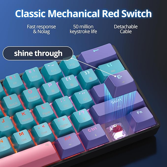 Fogruaden 60 Percent Wireless Gaming Keyboard, Wired/Bluetooth Mechanical Keyboard 60%, RGB Backlit, Hot-Swappable Red Switch