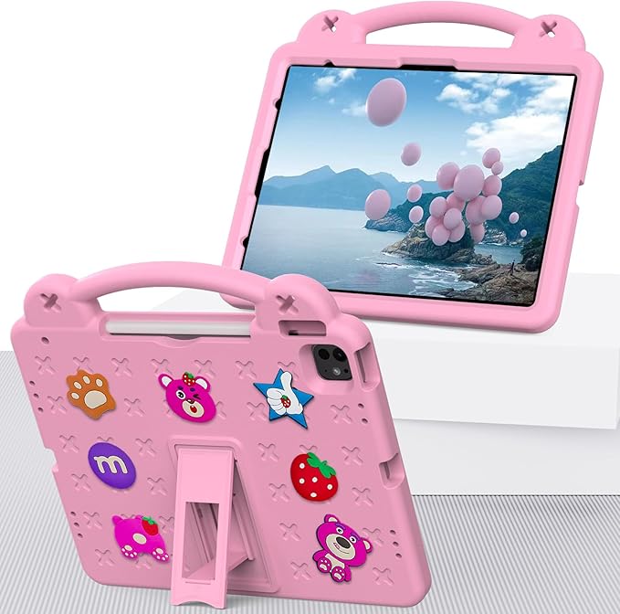 Kids Case for iPad Air 13 inch M3 2025/M2 2024 & iPad Pro 13 inch M4 2024 & iPad Pro 12.9 inch Cover 6th/5th/4th/3rd Generation (2022/2021/2020/2018) with Stand/Pencil Holder/Handle, Pink