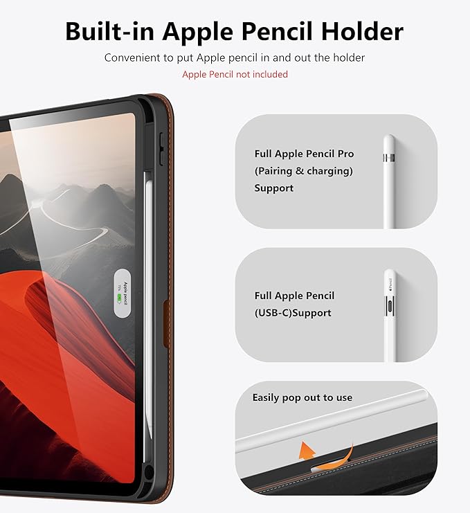 DTTO for iPad Air 11 inch Case M4 / M3 / M2 (2026/2025/2024), iPad Air 5th / 4th Gen (2022/2020), 360 Degree Rotating Premium Leather Folio Stand Cover with Pencil Holder, New Black
