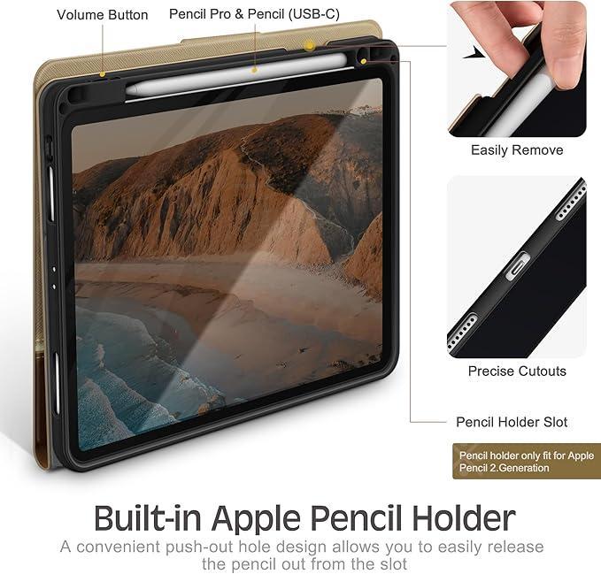 KingBlanc for iPad Pro 12.9 Case 6th/5th/4th/3rd Generation (2022/2021/2020) with Pencil Holder, PU Leather Smart Stand Cover, Auto Sleep/Wake, Apple Pencil2 Charging, Multi-Angle for Typing, Beige