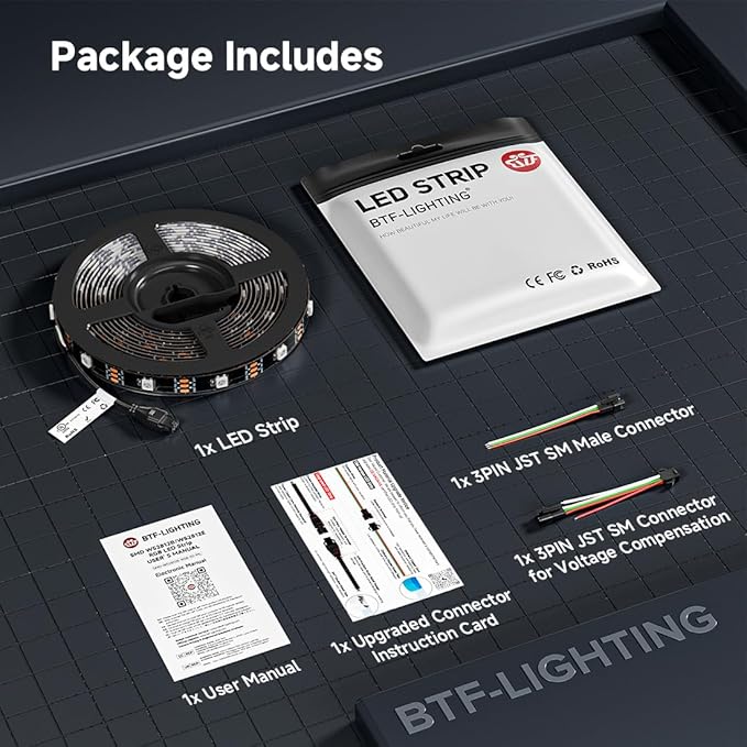BTF-LIGHTING WS2812B IC RGB LED Strip,UL Listed,Pure Gold Wires,DC5V 16.4FT 150LED 5050SMD,Individually Addressable,Flexible for DIY Chasing Full Color Project,3M Tape,IP30(No Adapter or Controller)