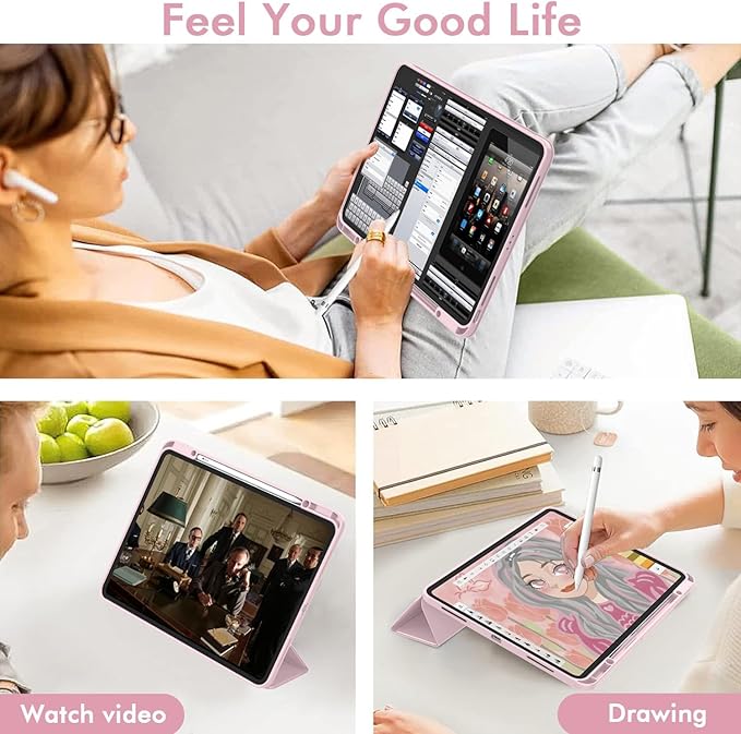 ZryXal New iPad Air 13 Inch Case M3 2025/M2 2024 with Pencil Holder, Trifold Stand Smart Case with Soft TPU Back,Auto Wake/Sleep(Pink)