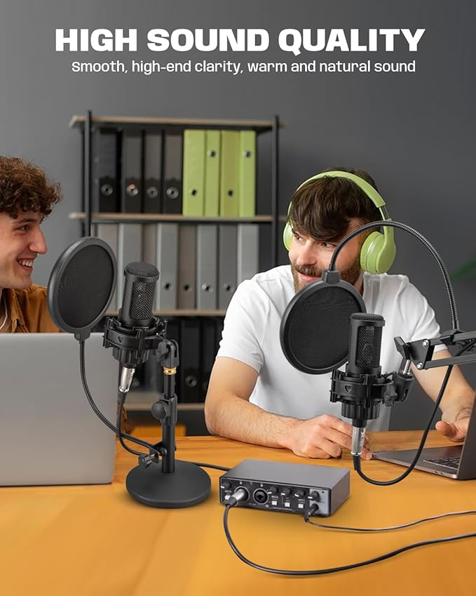XLR Podcast Microphone, Professional Cardioid Studio Condenser Microphone XLR with 26mm Large Diaphragm for Recording, Streaming, Gaming, ASMR, Computer PC Mic Kit with Boom Arm, Pop Filter