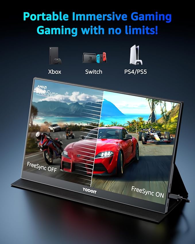 Yodoit Portable Monitor 144Hz 15.6Inch - 1080P Gaming Screen for Laptop IPS Display with USB Type C Port and Speakers with Smart Cover Metal Compatible with PC, MacBook, Xbox (Black)