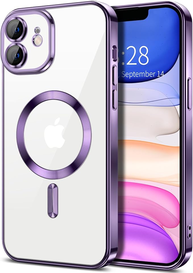 Hython Magnetic Clear for iPhone 11 Case with Camera Lens Protector [Compatible with MagSafe] Luxury Plating Edge Slim Soft TPU Cover Protective Phone Case for iPhone 11 6.1", Deep Purple