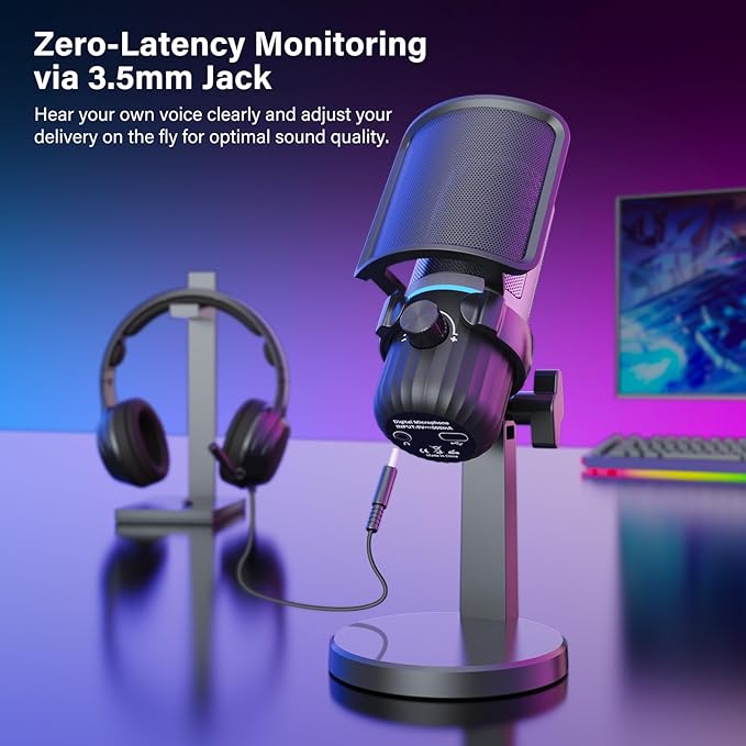 USB Condenser Gaming Microphone, PC Microphone for Streaming, Podcasts, Recording, Desktop Computer Mic with Mute Button & LED Indicator, Volume Control, Headphone Jack