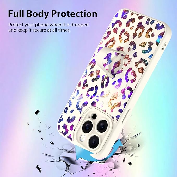 KANGHAR Compatible with iPhone 15 Pro Case, Support for MagSafe, Silicone Cute Iridescent Leopard Cheetah Pattern, Wristband Kickstand Shockproof Protective Slim Cover for Women Girls, White