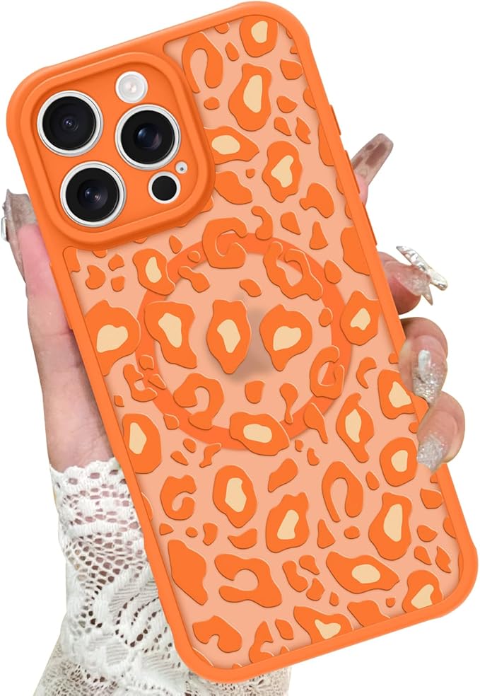 KANGHAR Case for iPhone 16 Pro Orange Leopard Printed Pattern Cute Cheetah [Compatible with Magsafe] Protective Magnetic Case for Girls Women 6.3"