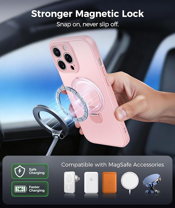 FNTCASE for iPhone 14 Pro Case: [360 Spin Magnetic Stand] [Compatible with Magsafe] [Screen Protector] Translucent Matte Military Grade Shockproof Full Camera Protective Phone Cover - Pink