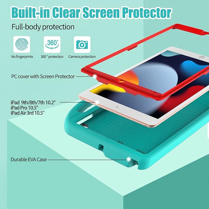 Kids Case for iPad 10.2 & 10.5, iPad 9th/8th/7th Generation 10.2" 2021 2020 2019 Case with Screen Protector, iPad Air 3rd Gen/Pro 10.5 inch Protective Cover with Handle Stand, Cyan&Red