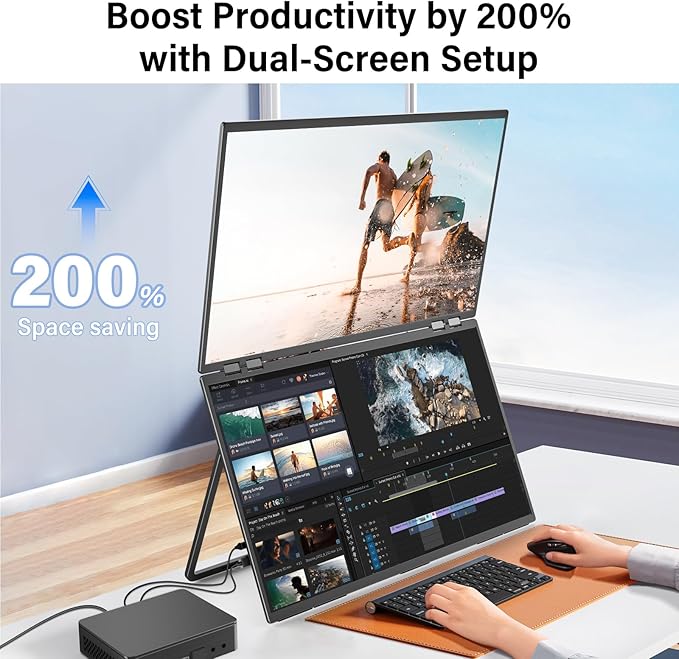 InnoView 23.8" FHD Dual Portable Monitor 1920x1080P 100% sRGB - Foldable & Stackable Design with 315° Screen Adjustment & 180° Stand | USB-C/HDMI, Dual Monitor for Laptop, Mac, Windows