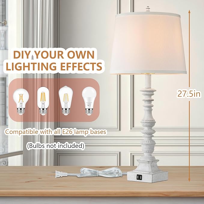 27.5'' Farmhouse Table Lamps Set of 2, Rustic Bedroom Lamps for Nightstand with Dual USB Charging, White Traditional Bedside Desk Lamps with Vintage Beige Fabric Shade for Living Room Kids Study Room