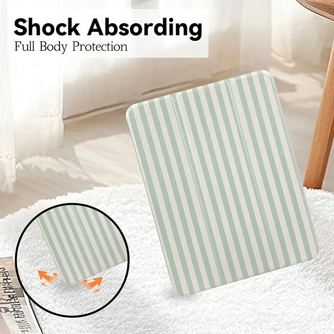 Lovmooful Compatible for iPad 9/8/7 (10.2-Inch,2021/2020/2019 Model,9th/8th/7th Generation) Case with Pencil Holder Cute Striped with Aesthetic Design Soft TPU Trifold Stand Protective-Green