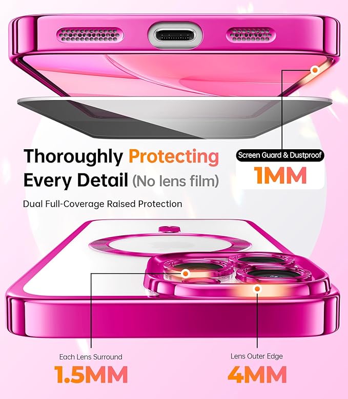 Meifigno Designed for iPhone 16 Pro Max Case 6.9", [Glitter Card & Wrist Strap], Compatible with MagSafe, 1X HD+1X Privacy Screen Protectors, Surround Lens Protection Designed for 16 ProMax, Hot Pink