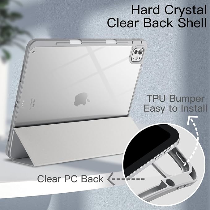 JETech Case for iPad Pro 13-Inch M5/M4 (2025/2024) with Pencil Holder, Clear Transparent Back Shell Slim Stand Shockproof Tablet Cover, Auto Wake/Sleep (Silver)