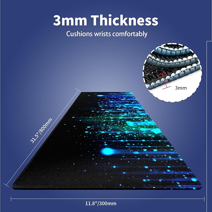 Extra Large Gaming Mouse Pad (31.5" x 11.8") with Durable Stitched Edges – Ethereal Blue Sparkling Light Rain, Anti-Slip Rubber Base & Smooth Fabric Surface Extended XXL Desk Mat