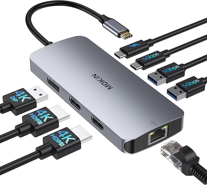 USB C Docking Station 3 Monitors, MOKiN USB C Docking Station with 2 HDMI, 4K DisplayPort, 1Gbps Ethernet, 100W PD Charging, 3 USB A/C 3.0, Multiport Adapter for Dell/HP/Lenovo/Surface