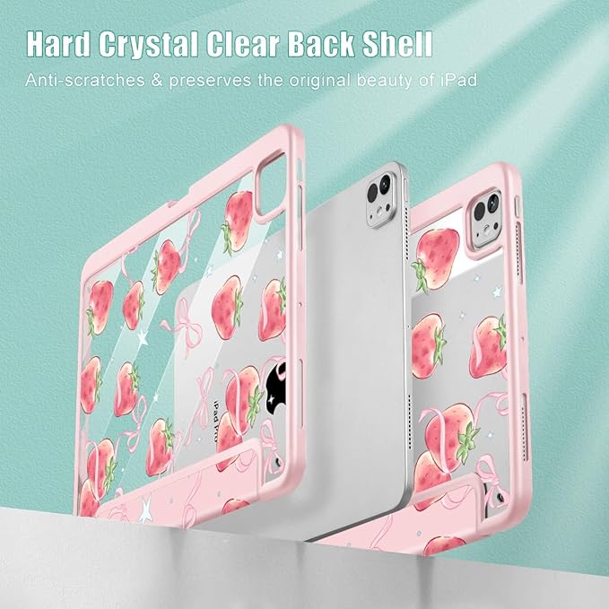 May Chen Case for iPad Pro 11-Inch M5/M4 2025/2024 (6th/5th Generation), Clear Transparent Print Back Shell Slim Stand Shockproof Tablet Cover, Auto Wake/Sleep, Bow Strawberry
