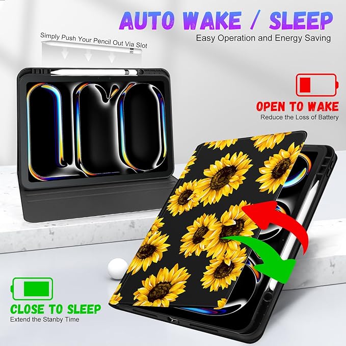 Uppuppy for iPad Pro 13 Inch Case 2024 - Women Girls Cute Folio Smart Cover with Pencil Holder Sunflower Girly Pretty Unique Aesthetic for iPad Pro M4 13 Inch Cases A2925 A2926 A3007