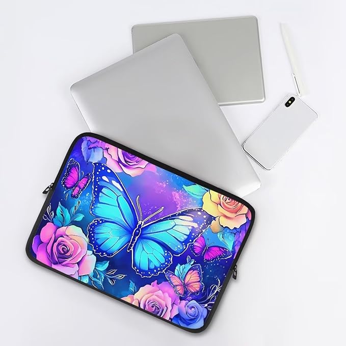 Butterfly Computer Sleeve for Women Laptop Sleeve 10inch Neoprene Lap Top Case with Padded Compartment Computer Carrying Case Purple Rose Laptop Sleeve Bag