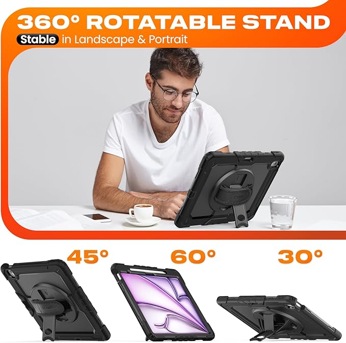 SEYMAC stock Case for iPad Air 13-inch M4-M2 2026-2024 (Gen 8-6), Shockproof Heavy Duty Case with Screen Protector, Pencil Holder, Rotating Stand, Hand Strap, Shoulder Strap, Black