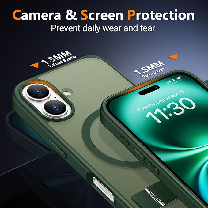 SPIDERCASE Magnetic for iPhone 16 Case,with [3 Stand Ways] [Military Grade Drop Protection] with Invisible Stand Shockproof Slim Phone Case for iPhone 16 6.1'',Dark Green