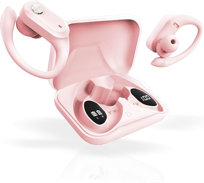 RCA Wireless Earbuds Bluetooth 5.3 Headphones Sport Sweat Resistant Sports Earphones with Earhooks,48H Playtime,Lightweight 7.8g,Fast Charging Case,Noise Cancelling Mic for Running Gym Workout-Pink