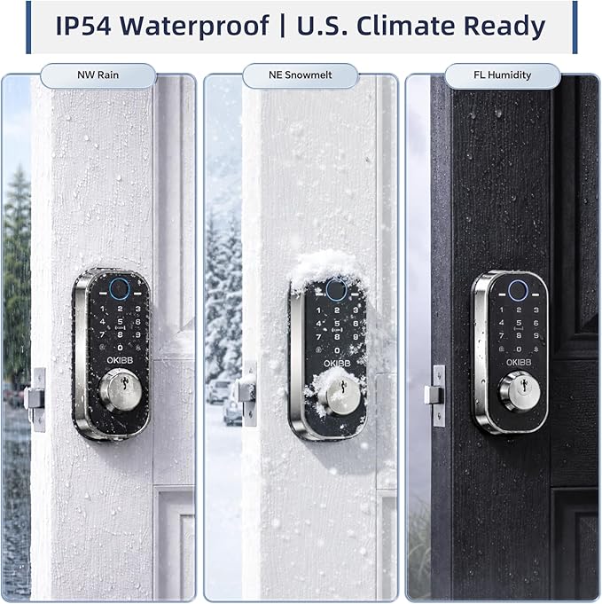 Fingerprint Door Lock for Front Door Built-in Wi-Fi OKIBB, Smart Keyless Entry Door Lock with APP Touchscreen Keypad Deadbolt, Emergency Power Port, One-Touch, IP54 Weatherproof, BHMA Grade 3
