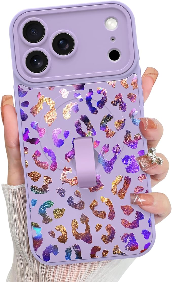 KANGHAR Compatible with iPhone 17 Pro Case, Support for MagSafe, Silicone Cute Iridescent Leopard Cheetah Pattern, Wristband Kickstand Shockproof Protective Slim Cover for Women Girls, Purple