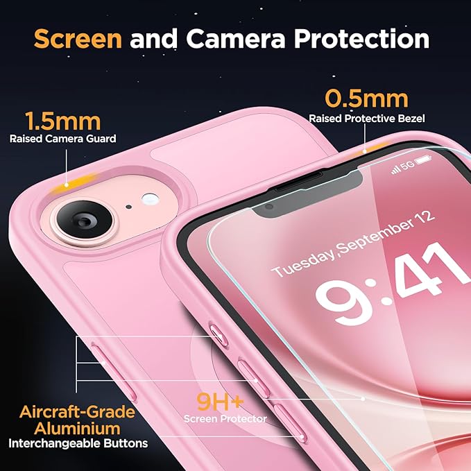 Miracase for iPhone 16e case & iPhone 17e Case for MagSafe [with 2×9H+ Screen Protectors] TOP Military-Grade Protection Shockproof with Velvet Touch for iPhone 16e/17e Phone Case 6.1", Matte Pink