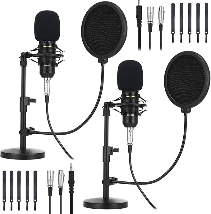 Sherr 4 Pack XLR Condenser Microphone Professional Studio Cardioid Microphone Kit Include Cardioid Mics Shock Stand Windproof Cotton Blowout Net Metal Stand Male Female Cable for Podcasting Record