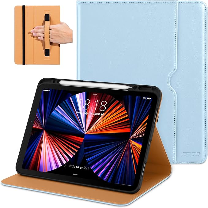 DTTO for iPad Pro 12.9 6th / 5th / 4th / 3rd Generation Case 2022/2021/2020/2018, Leather Folio Stand Cover with Built-in Pencil Holder -Auto Wake/Sleep and Multi Viewing Angles, Ice Blue