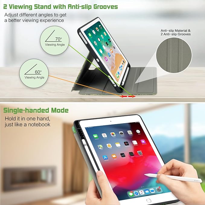 for iPad Air 2/1 Case 2014/2013, for iPad 5Th/6Th Generation Case 2017/2018, Slim fit iPad Cases 5th/6Th Generation 9.7-inch, 4 Viewing Angles & Typing Stand & Pencil Holder, Water Lilies