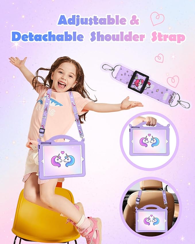 Uppuppy for iPad 5th/6th Gen, Air1/ Air2, Pro 9.7 Inch Case - Cute Girls Kawaii Cover Girly Cartoon Teen with Stand&Strap Purple Soft Silicone Cases for iPad 6/5 Generation, Air 1st/2nd, Pro 9.7 Cases
