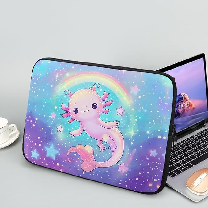 Rainbow Axolotl Computer Sleeve for Women Girls Laptop Sleeve 12 inch Neoprene Laptop Covers with Padded Compartment Lap Top Case Galaxy Computer Carrying Bag Purple